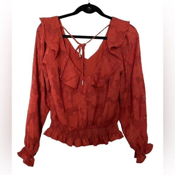 Anthropologie Textured Floral Blouse in Crimson Orange Size Small Open Back Boho - Picture 4 of 10